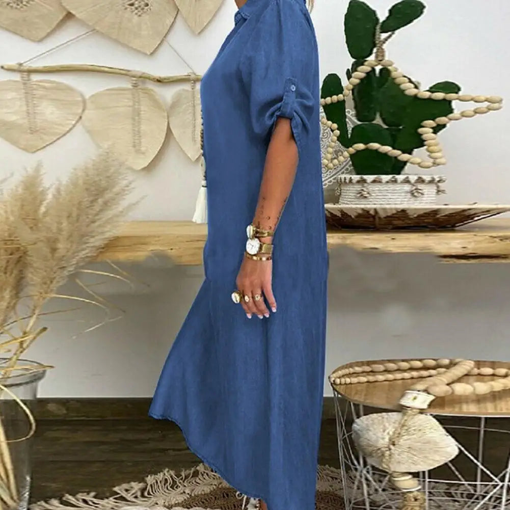 Autumn Spring Women Dress V Neck Loose Short Sleeves with Cufflink Split Hem Dress Buttons Pullover A-line Beach Maxi Dress