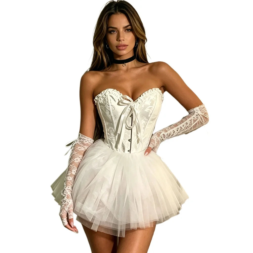 Sexy Bunny Cat Cosplay Lingerie Set for Women Lace Corset Tutu Skirt with Gloves Headband Halloween Party Costume Erotic Outfit