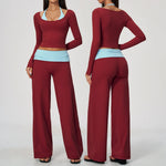 Women 2 Piece Yoga Set Gym Clothing Fitness Suit Workout Tracksuit Running Sportswear Outfits Layered Long Sleeve Wide Leg Pants