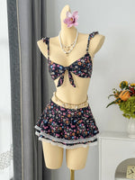 Sexy Navy Floral Print Bikinis Sets Women Front Tie Push Up Bra Holiday Swimsuit 2026 Bathing Suit Lace Ruffles Skirt Swimwear