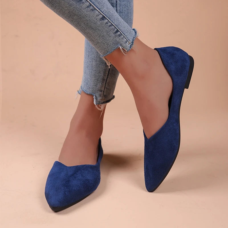Women Suede Pointed Toe Flat Shoes V‑Cut Slip On Soft Sole Large Size Multi‑Color Casual Comfort Dress Daily Office Ballet Flats