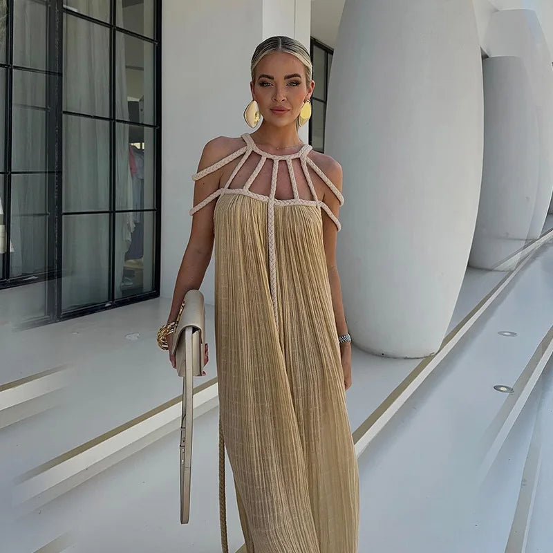 Summer Sleeveless Party Dress, Women Loungewear O-Neck Hollow Out Party Dress, Solid Color Patchwork Beach Style Ladies Dress