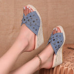 Fashion Denim Chunky Wedge Sandals Women 2025 Rivets Decor High Heels Slippers Woman Peep Toe Thick Bottom Sandles Plus Size 43
