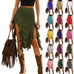 Women Western Boho Midi Skirt High Waist Ruffled Asymmetrical Hem Slit Flowy Summer Skirts Casual Cowgirl Style Streetwear Y2k