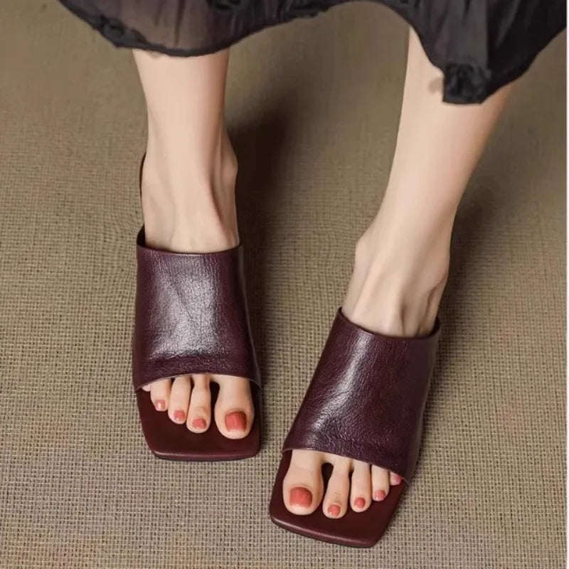 LuxeSquare Toe Slide Sandals Premium Leather One Strap Mules Chunky Sole Backless Loafers Dressy Casual Summer Shoes