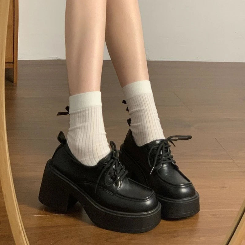 Women Lace‑Up Oxford Shoes PU Leather Chunky Block Heel Platform Round Toe Comfort Non‑Slip Casual JK School Daily Dress Shoes