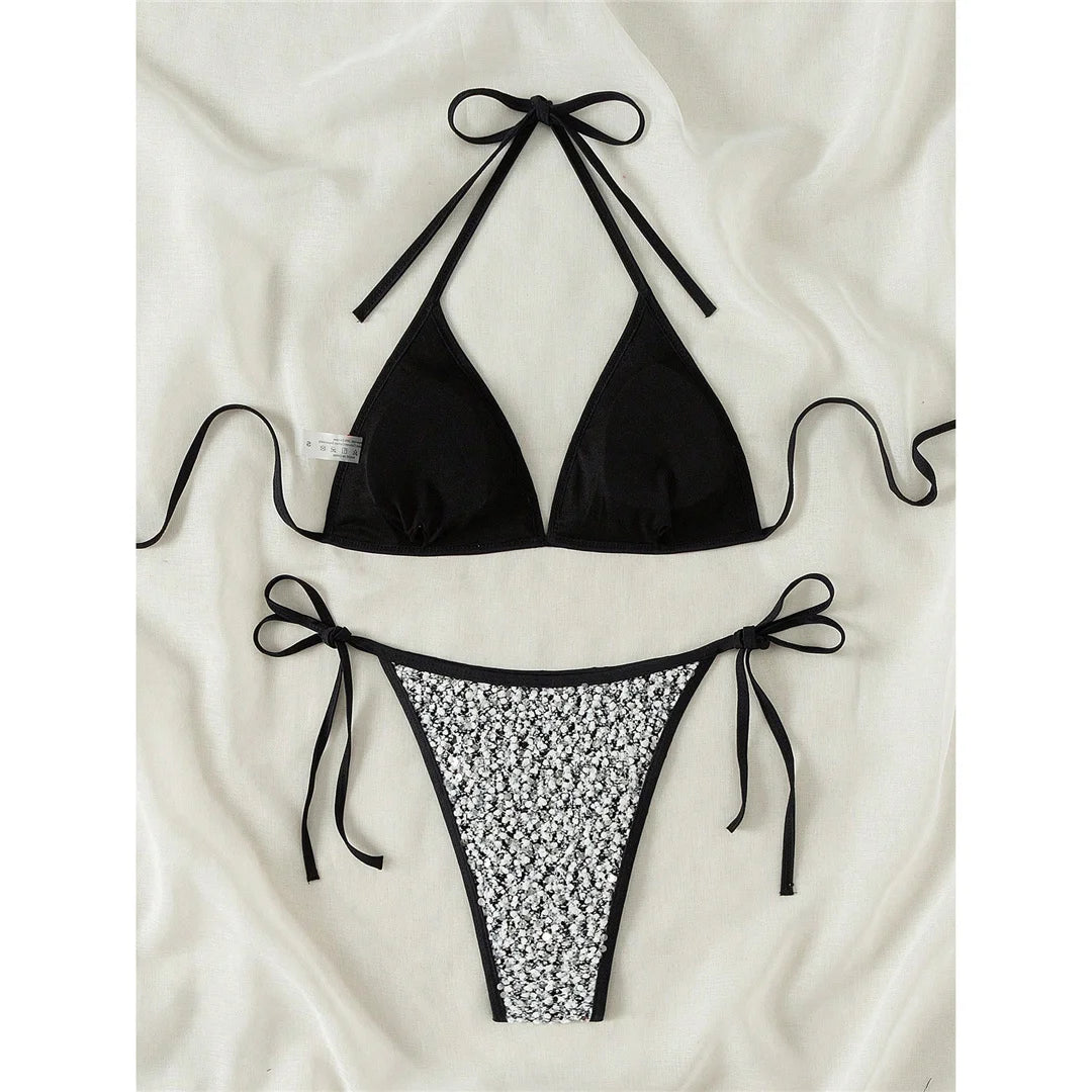 S - XL Shiny Sparkling Halter Bikini Women Swimwear Female Swimsuit Two-Pieces Bikini Set Strappy Bather Bathing Suit Swim V7523