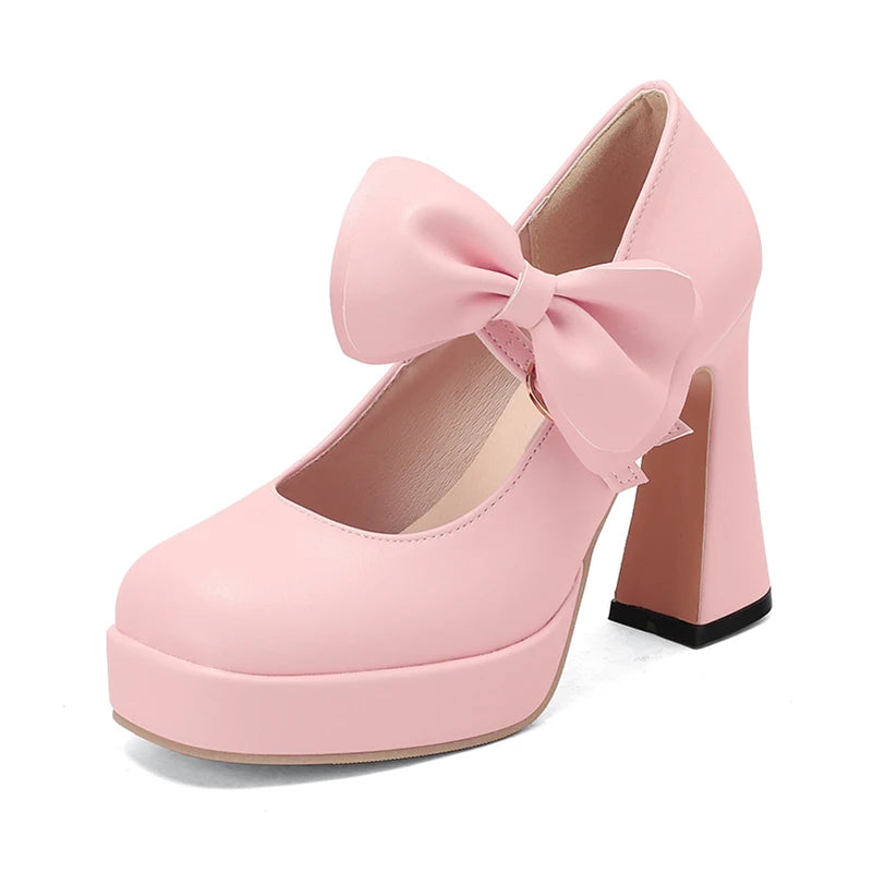 Plus Size Women's Bow Mary Janes Platform Chunky Heels Ankle Strap High Heel Pumps Sweet Lolita Party Dress Shoes