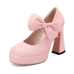 Plus Size Women's Bow Mary Janes Platform Chunky Heels Ankle Strap High Heel Pumps Sweet Lolita Party Dress Shoes