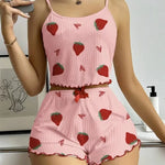New Strawberry Print Sleepwear Set Women's Ribbed Pajamas with Hearts & Bow Soft Comfy Lounge Set with Shorts Cute Summer