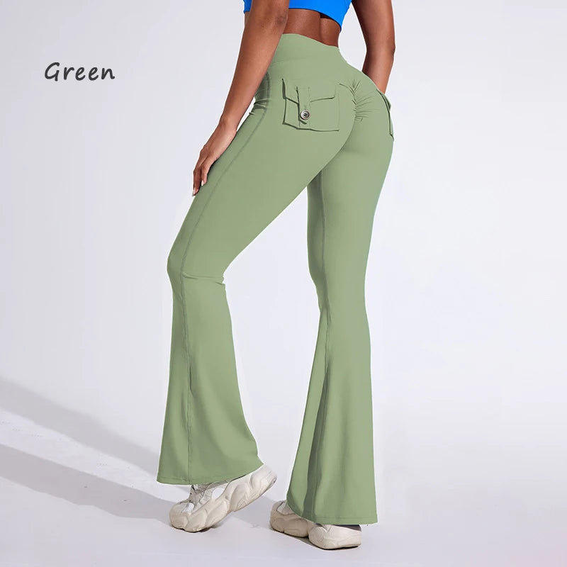 DIAS FIT JOY Women's pocket bell bottoms yoga high waisted hip lifting fitness pants quick drying running exercise fitness gym