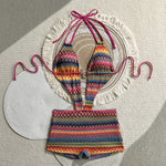 Sexy Hot Pink Knitted Striped Swimsuit 2026 Women Metal Circle Patchwork Hollow Backless Beach Bathing Suit One Piece Swimwear