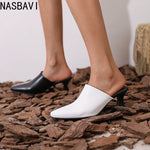 NASBAVI New Breathable Hollow Slippers Stone Pattern Leather Pumps Women Chunky Heels Mules Black Dress Shoes Big Size 45 46 47