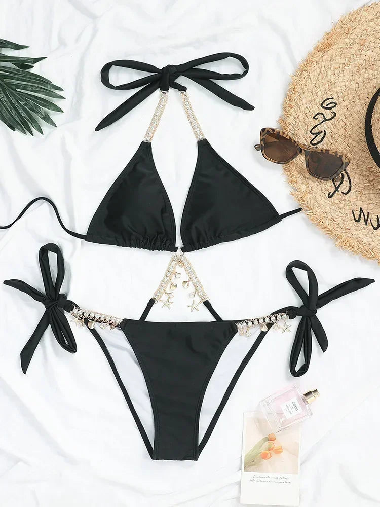 Wrap Around Halter Metal Chains Bikinis 2025 Diamond Bikini Women Swimsuit Female Swimwear Two Pieces Bikini set Bathing Suit