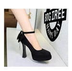 BIGTREE Women's Pointed Toe High Heels Back Bowknot Elegant Flock Ankle Strap Pumps for Women Black Dress Shoe Wedding Party