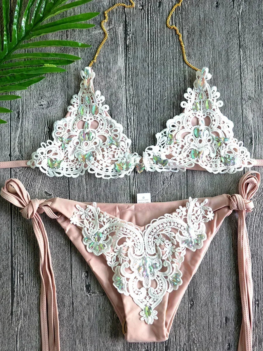 Halter Wrap Around Bikinis Diamond Bikini Women Swimsuit Female Swimwear Two Pieces Bikini Set Brazilian Bathing Suit Swim Lady