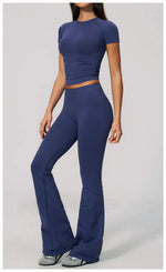 Seamless High Elasticity Yoga Sets Women Short Sleeve O Neck Sports T Shirts Workout Outfits Running Wide Leg Pants Fitness Suit