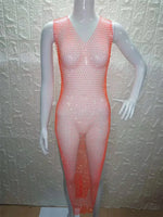 2026 New Fishnet Long Dress V-neck Mesh Sparkling Rhinestone Crystal Swimsuit Bikini Cover Up Beach Bathing Suit Women Cover Ups