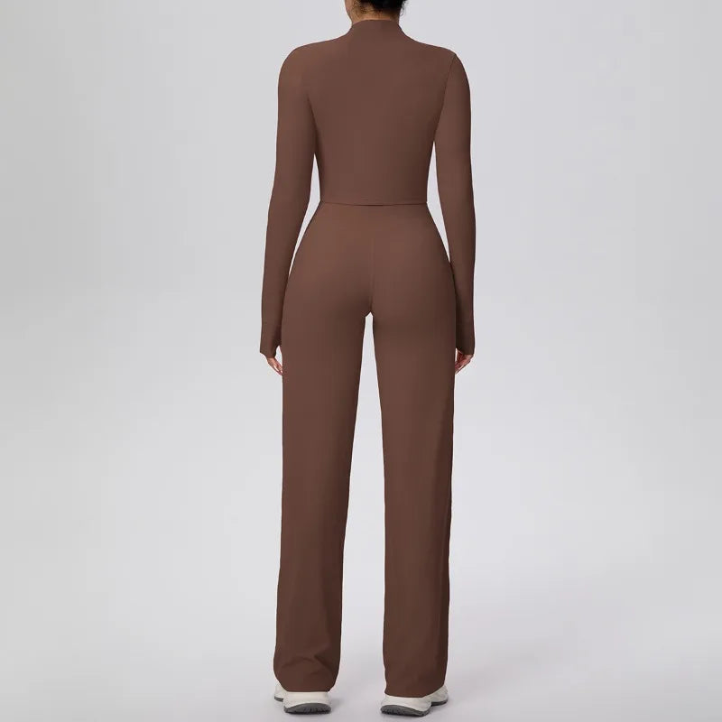 2 Pcs Women's Seamless Yoga Set Long-sleeved Wide-leg Pants Tracksuit Fitness Sports Set High-waisted Hip-lifting Slim-fit Suit