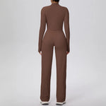 2 Pcs Women's Seamless Yoga Set Long-sleeved Wide-leg Pants Tracksuit Fitness Sports Set High-waisted Hip-lifting Slim-fit Suit