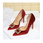 Women 10cm Super High Heels Pointed Toe Side Hollow Work Pumps Metal Crystal Buckle Velvet Stiletto Fashion Banquet Lady Shoes