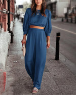 Women's 2 Piece Lounge Set Satin Outfits Fall Casual Long Puff Sleeve Crop Tops Loose Wide Long Pants