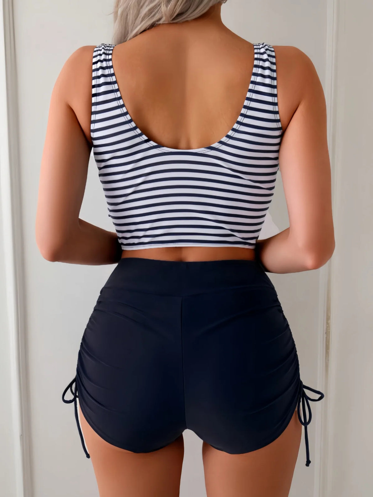 Sexy Drawstring Side High Waist Bikini Set 2026 Women Black Stripe Push Up 2 Piece Swimsuit Summer Holiday Bathing Suit Swimwear