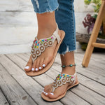 2026Summer New Boho Style Clip-On Beaded Rhinestone Buckle With Elastic Heel Rubber Strap Women's Shoes Casual And Comfortable