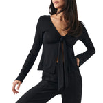 Women's Spring Summer Slimming Crop Tops Long Sleeve V Neck Tie Up Solid Color Trendy T-shirt