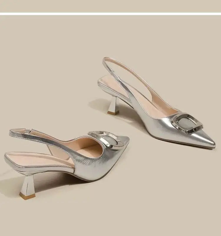 Brand Woman Slingback Shoes FashionSpring New Ladies High Heels Elegant Med Heel Pointed Toe Slip on Sandal Mules