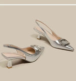 Brand Woman Slingback Shoes FashionSpring New Ladies High Heels Elegant Med Heel Pointed Toe Slip on Sandal Mules