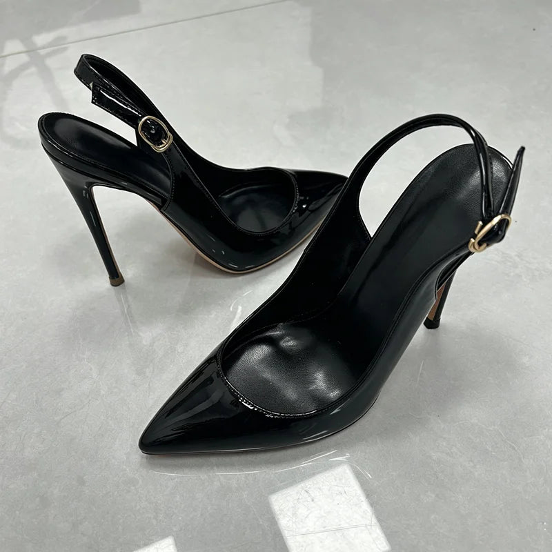 Women White Patent Leather Slingback Pumps Pointed Toe Thin Stiletto High Heels Buckle Strap Dress Shoes for Wedding Party Offic