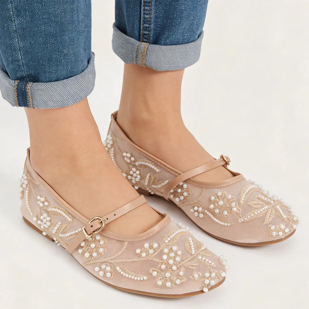 2026 Big size 42 Chic Nude Beading Flat Mary Janes Shoes Women Leisure Mesh Pearls Embroidery Comfy Walk Ballet Flats Shoes