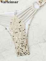 Shiny Sequins Halter Bikini Female Swimsuit Women Swimwear Two-pieces Bikini Set Brazilian Padded Bather Bathing Suit Swim V7619