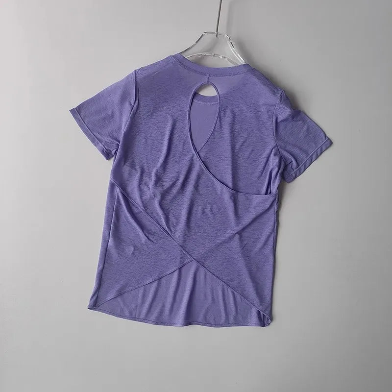 Women's Quick Drying Hollow out Back Sports T-Shirt Yoga Suit Top Short Sleeve Fitness Cover up