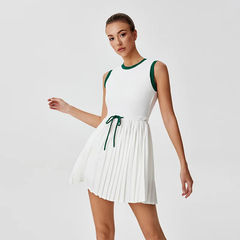 Summer Round Neck One-piece Tennis Dresses for Women White Contrast Sleeveless Drawstring Built-in Shorts Fitness Pleate Skirt