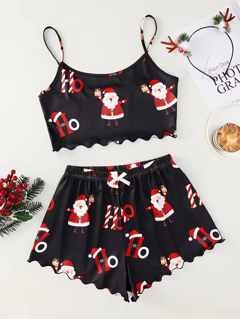 Christmas Santa Claus Element Print Pajama Set for Women's Sleepwear 2 Pieces Crop Tops and Shorts Homewear Loungewear