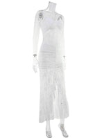 Ahagaga Elegant Lace Women Maxi Dresses Strapless Sheer Sexy Folds Solid Asymmetrical V-Neck Vestidos Robe Sheath Slim Fit Party