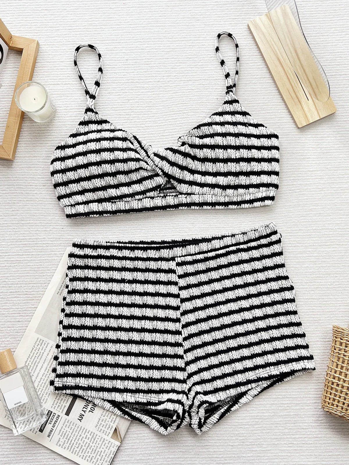 DEKA Sexy Black White Striped Bikinis Set Two Pieces Women Back Tie High Waist Swimsuit Female Bathing Suit Swimwear Biquini