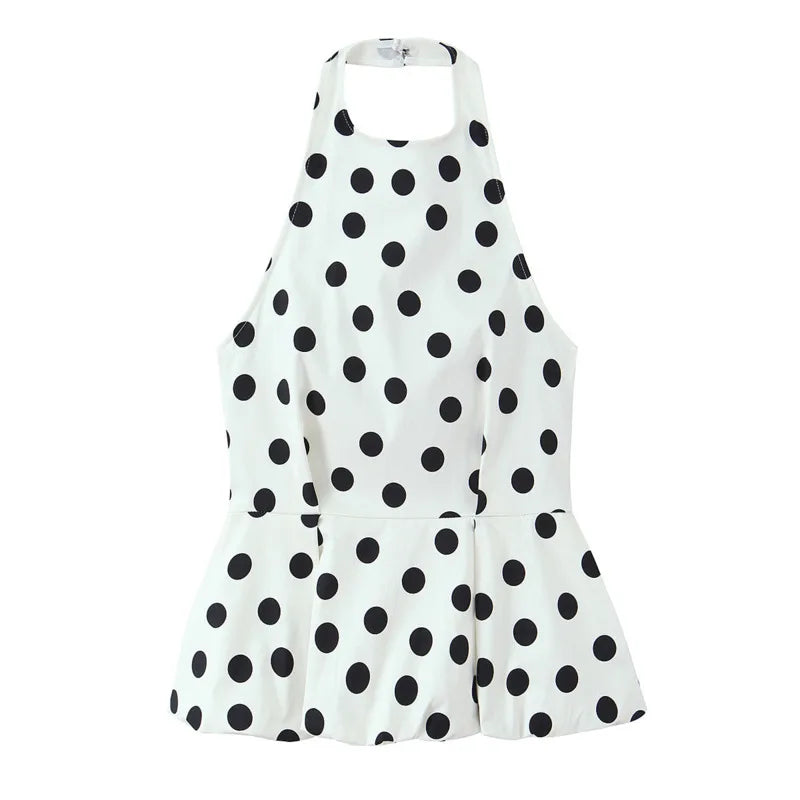 Women's Casual Fashion Polka Dot Balloon Style Top White Black Polka Dot Halter Neck Top For Women Summer Casual Wear 1LWP