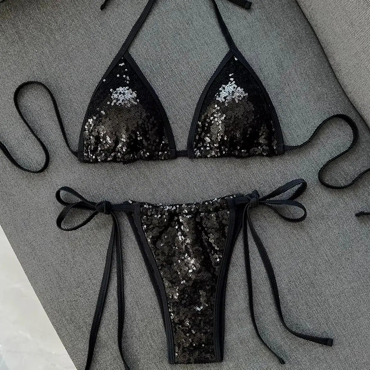DEKA Black Sequin Bikini Set Triangle Women Halter Push Up Bra Tie Side Thong Swimsuit 2026 Bathing Suit Holiday Micro Swimwear