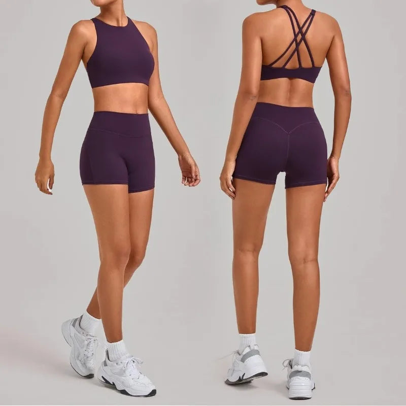 Women's Nude Yoga Sets Sports Cross Beauty Back Bra Hip-lifting Slim Fit Shorts Suits Running Fitness Workout Gym Sets