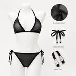 Women Bikini Set 2pcs Black Halter Triangle Swimsuit, Tie Side V Shape Bottom, Solid Color Beach Vacation Swimwear