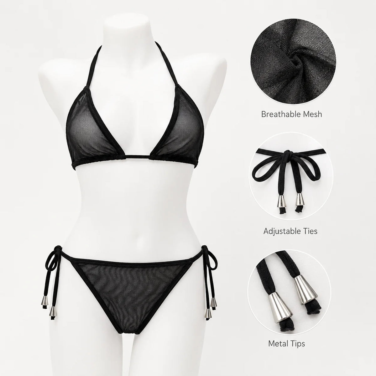 Women Bikini Set 2pcs Black Halter Triangle Swimsuit, Tie Side V Shape Bottom, Solid Color Beach Vacation Swimwear