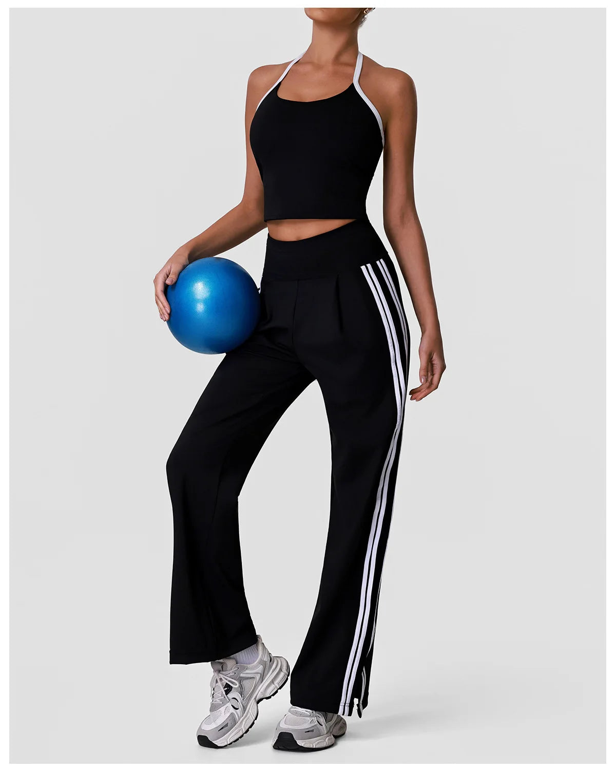 New Contrasting Striped Yoga Sets Women Hanging Neck Slim Sports Vest Gym Outfits High Waist Pocket Pants Running Fitness Suits