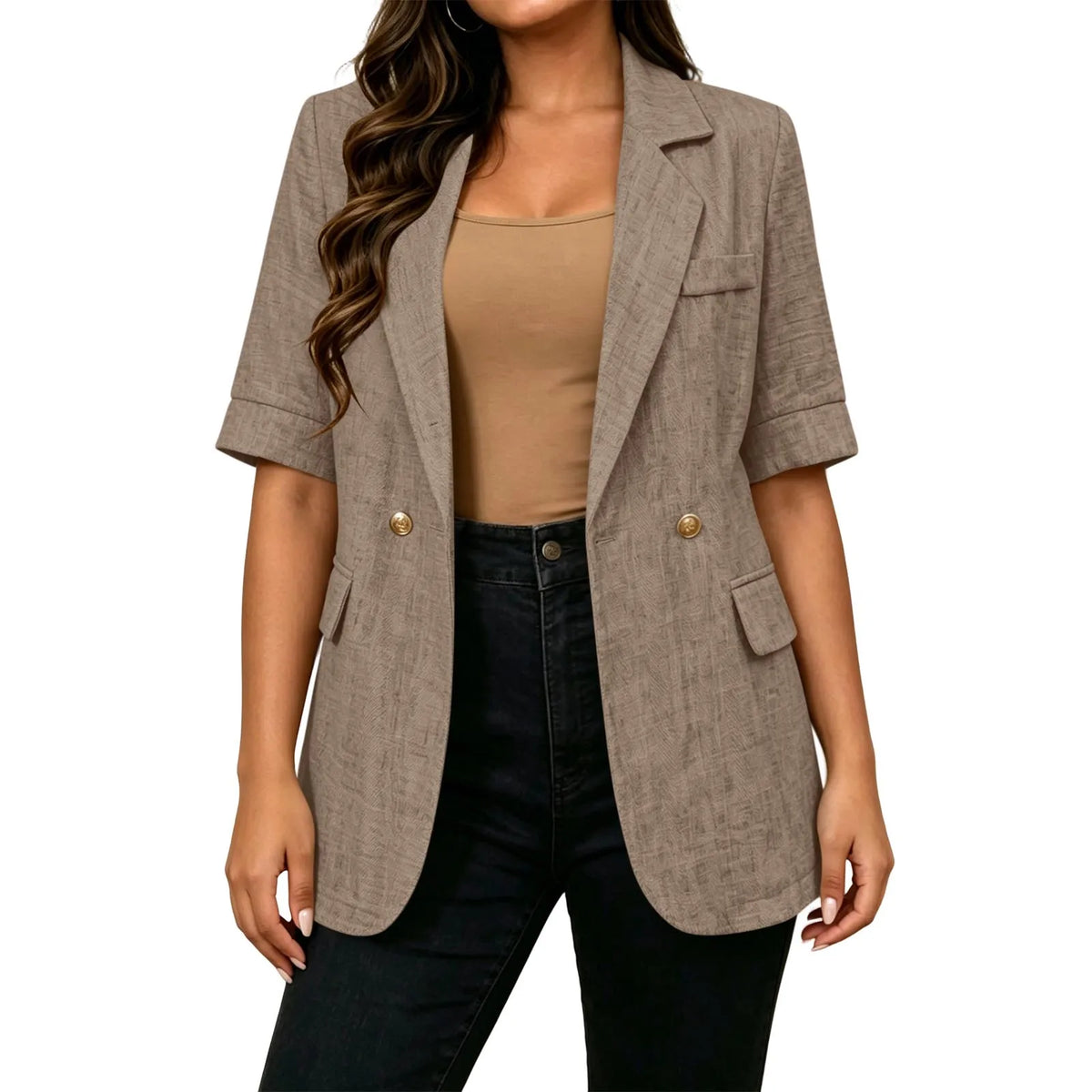 Women Textured Blazer Jacket Lapel Collar Double Breasted Half Sleeve Pocket Loose Suit Coat Elegant Office Summer Outerwear