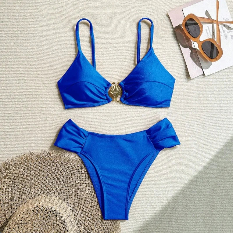 Sexy Pleate High Waist Bikini Set 2026 Women Orange Metal Buckle Push Up Two Piece Swimsuit Beach Bathing Suit Holiday Swimwear