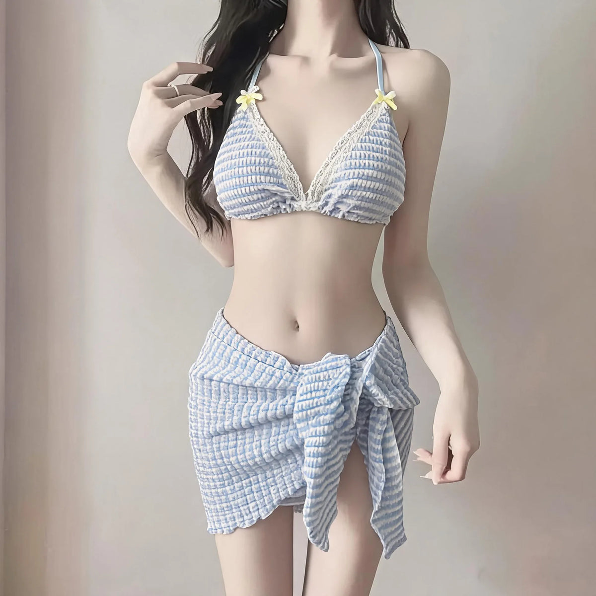 Bikini Three-Piece Set for Girls Vacation Hot Spring Soft Girl Swimwear Korean Style Pure Desire Polyester Fabric Swimsuit