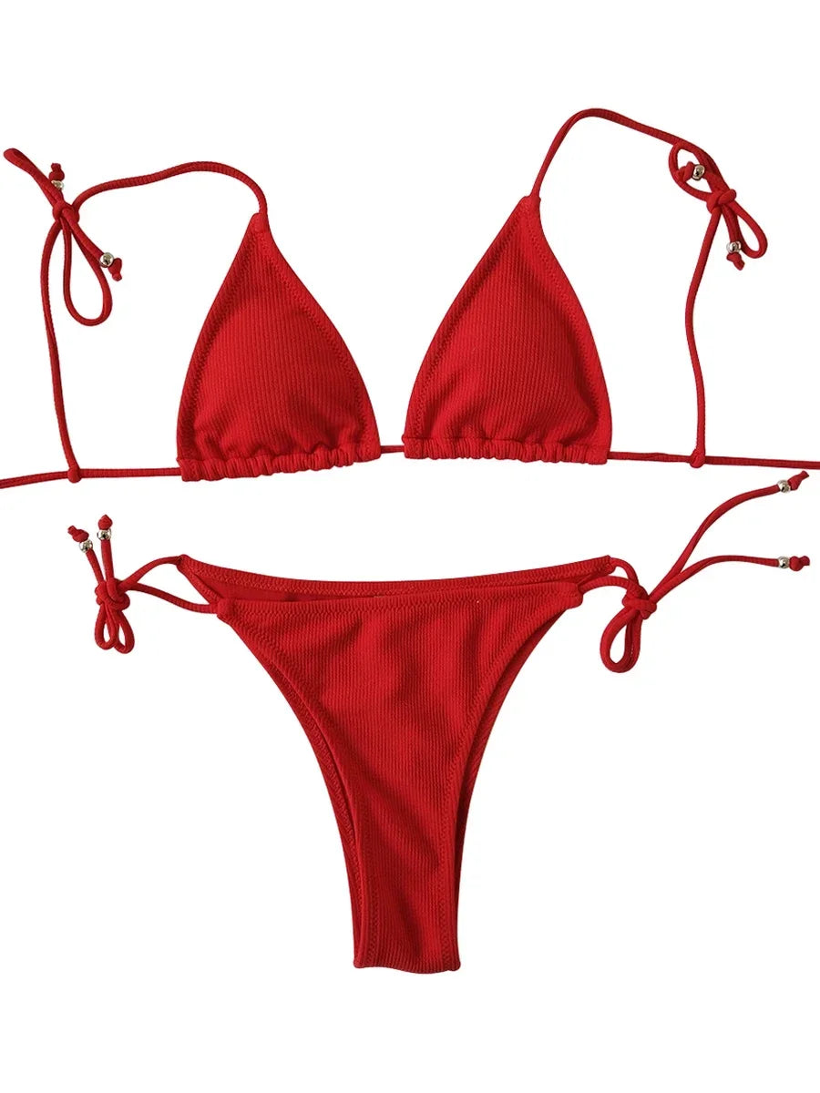 2025 Ribbed Micro Tiny Bikini Women Bandage String Swimsuit Female Swimwear Two Pieces Bikini Set Brazilian Bathing Suit Swim