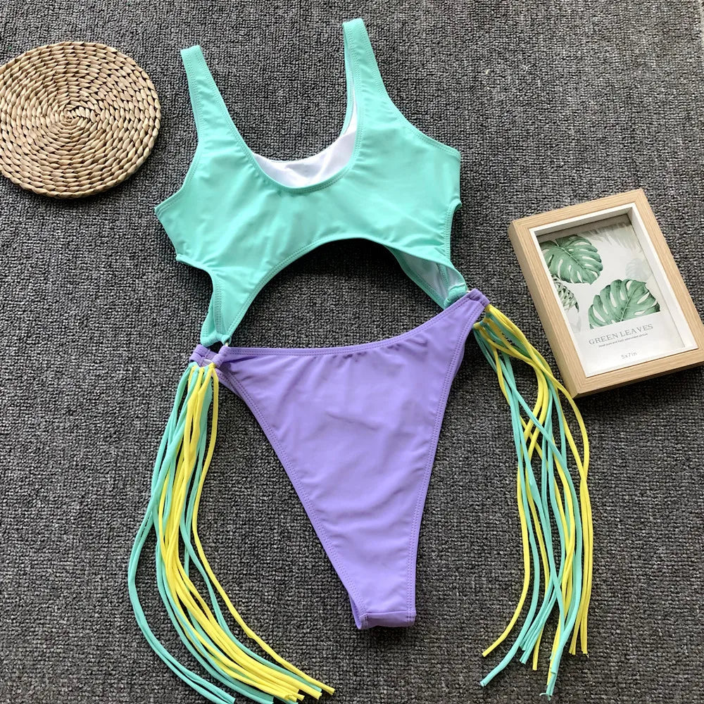 DEKA Long Tassel One Piece Swimwear Hollow Out Women Backless Swimming Suit Cut Out Halter Cross Swimsuit Female Beachwe Bathing